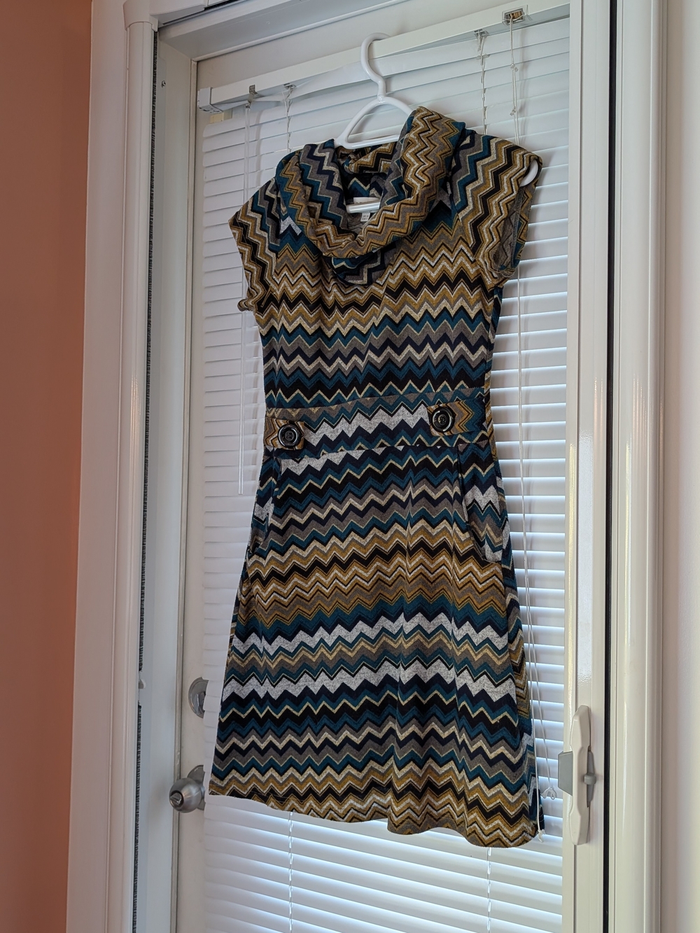 APRICOT Chevron Knit Cowl Neck Dress in Teal, Mustard, Navy, Cream, and Gray